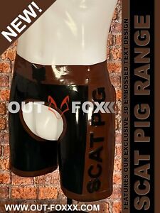 Open Crotch Latex Rubber Chap Shorts. SCAT PIG Embossed Lettering