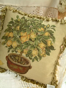 16" Handmade Artistic Elegant Vintage Country Lemon Bonsai Needlepoint Pillow - Picture 1 of 8