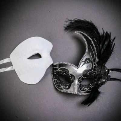 White Silver Luxury Couple Masks Set Phantom & Venetian Feathered Mask Men Women - Image 1 of 3