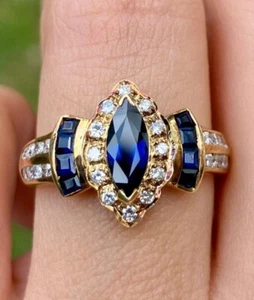 14K gold Ring Marquise Natural Deep royal Blue Sapphire & Diamonds Size 6.4 - Picture 1 of 16