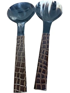 Elegant Faux Horn Salad Servers with Crocodile Pattern Handles - Picture 1 of 3