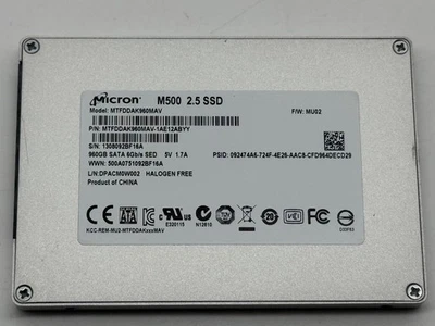 Micron M500 MTFDDAK960MAV 960G SATA SSD w/ DOD Erase + CrystalDiskInfo 98%+ - Image 1 of 3