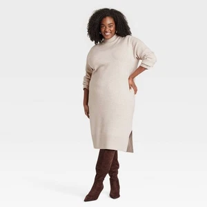 Women's Long Sleeve Midi Sweater Dress - A New Day Taupe 2X - Picture 1 of 3
