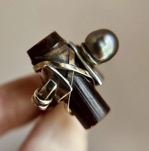 Fred & Janis Tate Sterling Silver 14K Gold Tahitian Pearl & Bamboo Ring Sz 5.75 - Picture 1 of 20