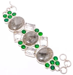 Natural Star Moss Agate, White Topaz Silver Plated Bracelet 7-8" S2756 - Picture 1 of 5