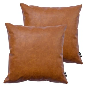 Faux Leather Throw Pillow Covers, 18 x 18 inch Set of 2 Thick Cognac Brown Mo... - Picture 1 of 5