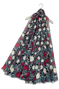 Ladies Skull & Rose Print Grey Scarf Women Neck Wrap Shawl Stole Head Scarf 7670 - Picture 1 of 2