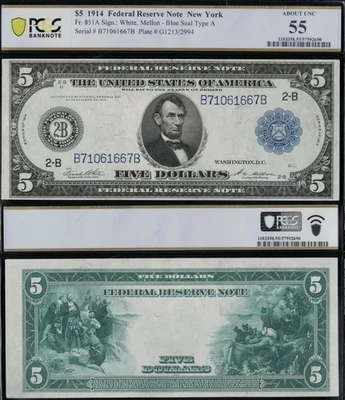 SC 1914 $5 Fr. 851a New York, NY Federal Reserve Note FRN PCGS 55 (667B) - Image 1 of 4