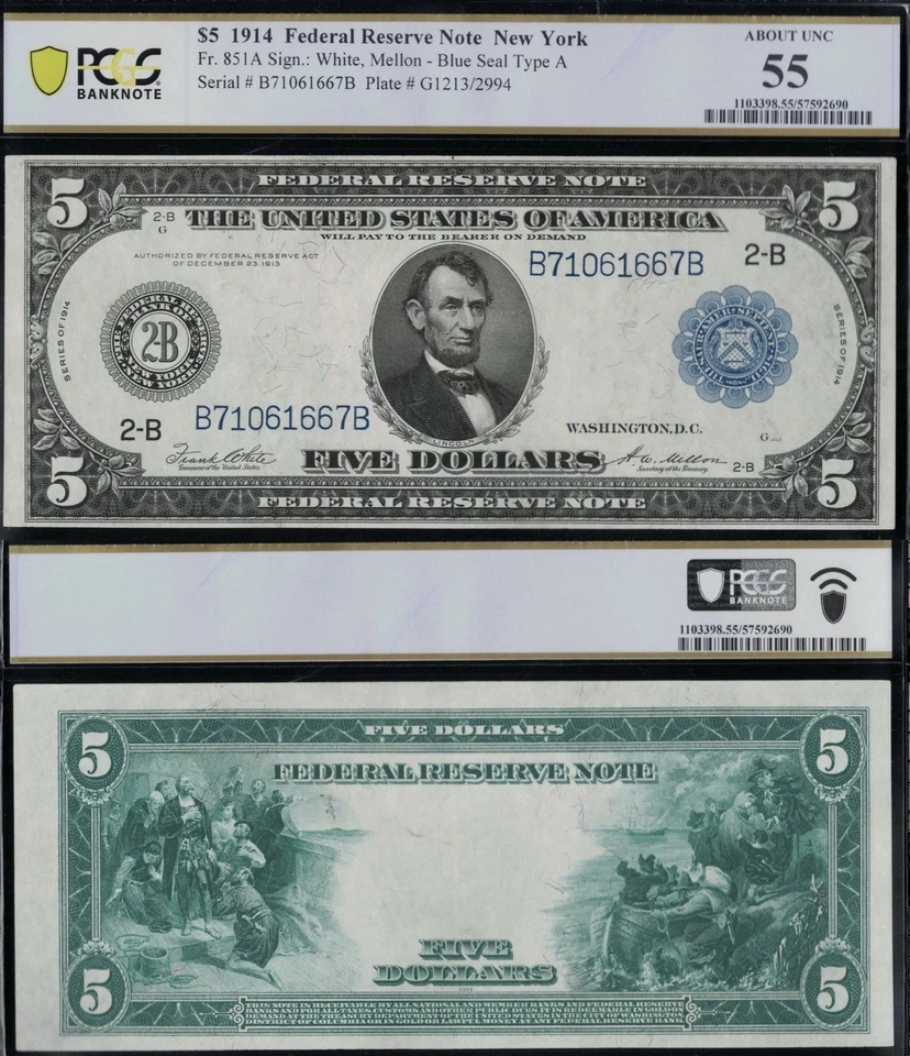 SC 1914 $5 Fr. 851a New York, NY Federal Reserve Note FRN PCGS 55 (667B) - Image 1 of 4