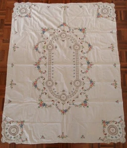 Vintage Hand Embroidered Cross stitch tablecloth crochet lace 160cm x 120cm - Picture 1 of 7