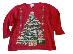 Vintage 80er Jahre Stitches In Time roter Pullover bestickt Weihnachtsbaum großer Pullover - Bild 1 von 14