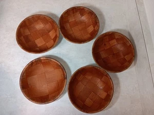 VTG 6" Wooden Woven Salad Snack Bowls Set Of 5 MCM 60's/70's Retro Decorative - Picture 1 of 3