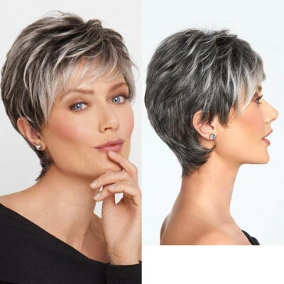 Pelucas cortas de corte pixie para mujer peluca de cabello sintético negro y gris con flequillo Foto 1 de 4