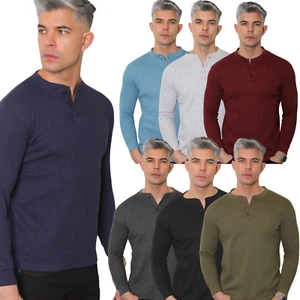 Mens Henley Long Sleeve Jumper Top Plain Grandad Neck Waffle Knit Teet (2208-A) - Picture 1 of 50