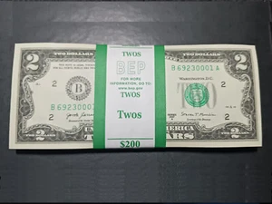 LOTE DE (100) BILLETES DE $2 DÓLARES ~ CORREA BANCARIA BEP SERIE 2017A SIN CIRCULAR - Imagen 1 de 2