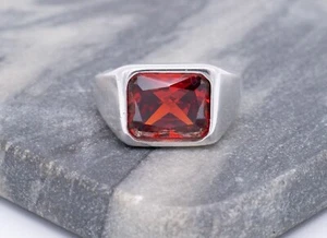 Sterling Silver Men's Signet Orange Garnet Emerald Cut Bezel Set Ring Size 11 - Picture 1 of 12