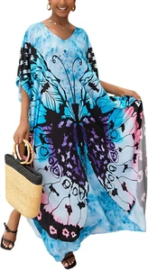 Moroccan Print V-Neck Batwing Kaftan Women'S plus Size Loose Fit Beach Dress Bat - Picture 1 of 12