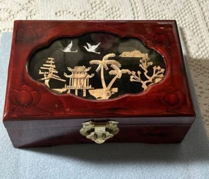 Vtg Asian Pagoda Crane 3D Handcrafted Cork Scene Lacquered Jewelry Music Box - Picture 1 of 15