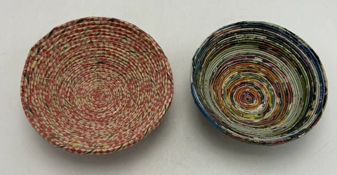 Rolled Magazine Paper Mini Bowl Basket Folk Art Decor Lot of 2 Key Trinket Dish Cover