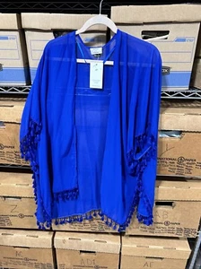 NWT David & Young Poncho Women Cobalt Blue One Size Fringe Edges AU - Imagen 1 de 6