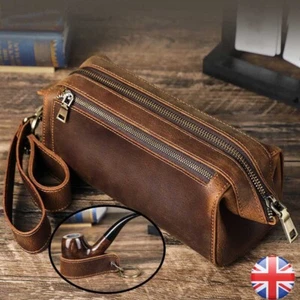 Tobacco Pipe Case Travel 2 Pipes Holder Smoking Cowhide Leather Accessories Bag - Picture 1 of 17