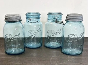 4 Aqua Blue Glass Vintage Ball Quart Jars Ideal Canning Jar (1910-1933) - Picture 1 of 24