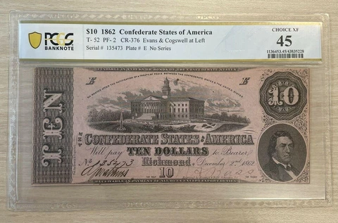 1862 $10 DOLLAR CONFEDERATE STATES CURRENCY CIVIL WAR NOTE MONEY T-52 PCGS 45 Cover