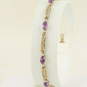 10k Yellow Gold Natural Amethyst Bracelet with White Gold Beaded Accents