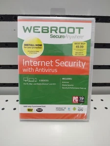 Sealed Webroot Internet Security w/Antivirus Windows 10 Compatible 3 Devices - Picture 1 of 2