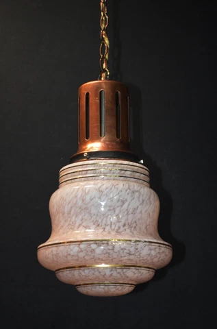 Vintage antique Art Deco pendant light C-1940s hand-moulded marbled gilt glass Cover