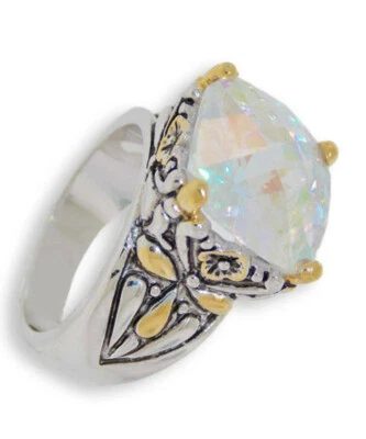 Ab Zirconia Cubica Cavo Anello Argento & 18kt Oro Giallo Cuscino Swarovski - Immagine 1 di 4