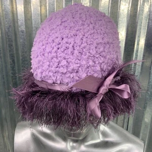 Flurry Wear Girls Youth Knit Hat Beanie Fringe Ribbon Purple Cap Hand Made USA - Picture 1 of 12