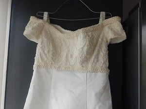 WOMEN'S CREAM OFF THE SHOULDER PEARL WEDDING DRESS MORI LEE Uk 14 - Picture 1 of 11