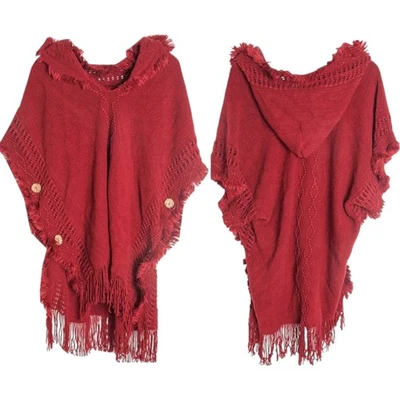 Poncho tejido con capucha chal flecos boho capa envolvente bufanda acogedora otoño invierno prendas exteriores Foto 1 de 4