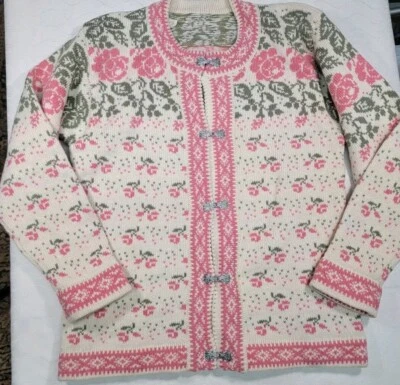 Nordic Pink and Green Icelandic Wool Cardigan Estonia Metal Closure - Image 1 of 4
