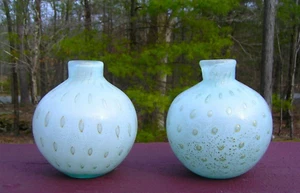 Murano Barbini Glass Blue Gold Aventurine Bullicante Bud Vases Pair - Picture 1 of 10