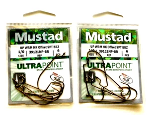 2 PACKS Mustad Ultra Point Worm Hook Offset Size 1/0 Bronze 6-Count Package - Picture 1 of 12