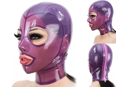 Purple Transparent Latex Hood Rubber Mask Back Zipper Party Fetish BDSM Cosplay - Image 1 of 4