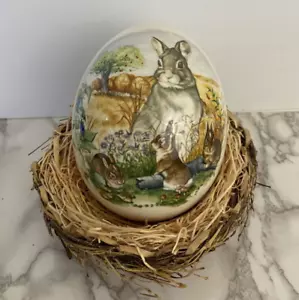 Ceramic Hand Painted Easter Egg 6" x 4.5" Easter Bunny in Wicker Basket - Picture 1 of 6