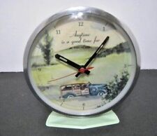 vintage travel alarm clock light green good time for a vacation paneled Woodie