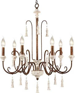 Large French Country Chandelier, 6 Light Wood Farmhouse Ceiling Light Fixture - Picture 1 of 2
