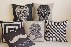 Art Vintage Black Skull Home Decor Cotton Linen CUSHION COVER PILLOW CASE 18" - Foto 1 di 8