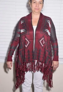 Ethnic Design Cardigan Green and Burgundy With Black Tones Warm Sweaters - Picture 1 of 7