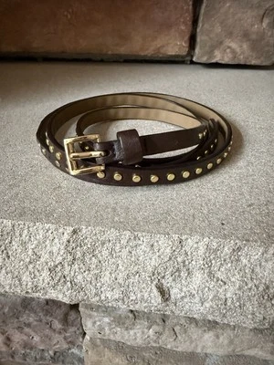 J. Crew Dark Brown Leather Gold Studded Rivets Skinny Belt Size Large - Image 1 of 4