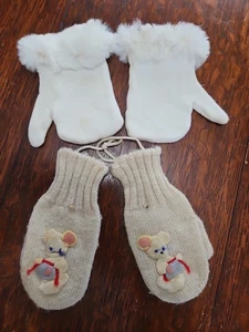 Zwei Paar Vintage Kleinkind Fäustlinge, einer mit Fellbesatz - Bild 1 von 10