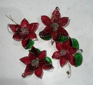 VTG Set Of 4 Vintage Hand Blown Glass Christmas Red Poinsettia Flower Ornaments - Picture 1 of 13