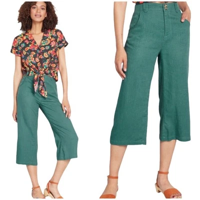New Modcloth Green Join Joyfully Wide Leg Linen Blend Career  Culottes Sz 26 - Image 1 of 4