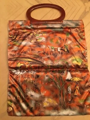 Vintage 1960s Folding Handbag Tote Lucite Handle Sail boat woman w/umbrella  - Image 1 of 4