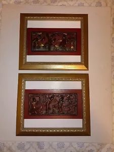 Two Antique Chinese Carved Red Gilt Gold Tone Relief Open Work Wood Panels - Picture 1 of 11