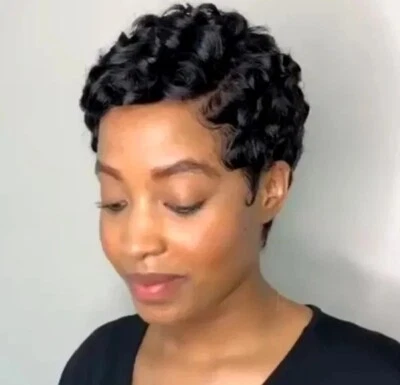 Women Black Pixie Cut Wigs Finger Wave 100% Human Hair Lace Front Wigs L Part  - Image 1 of 4
